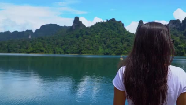 A menina está de pé no cais no lago e olhando para a distância . — Vídeo de Stock