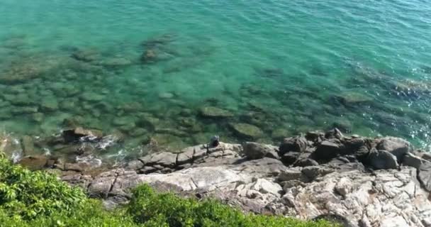 Aéreo: Uma mulher de chapéu senta-se na praia em rochas e olha para o mar . — Vídeo de Stock