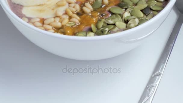 Close up of yummy smoothie bowl — Stock Video