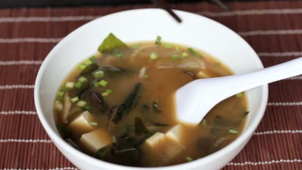 Tofu and mushrooms spooned out from miso soup — Stock Video
