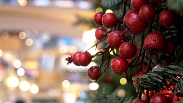 Decoração Natal Grandes Bagas Vermelhas Ramos Abeto Luzes Cintilantes Centro — Vídeo de Stock