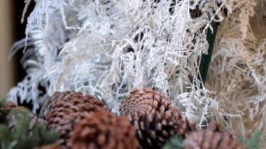 Köknar ağacı dalları, çam kozalakları ve güzel beyaz Christmas dekorasyon. Yukarı eğimli, yakın çekim