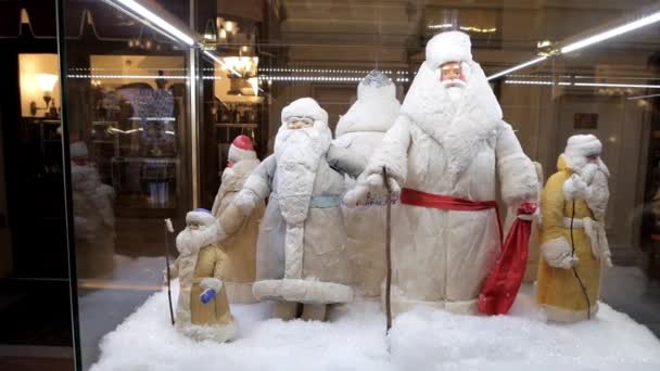 Sovjet Unie Vintage Santa Claus Ded Moroz Beeldjes Tentoongesteld Glas — Stockvideo