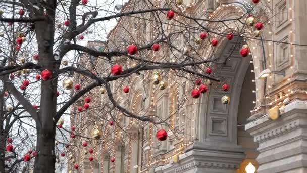 Czerwone Złote Bombki Dekoracji Drzew Poza Przed Historycznym Budynku Gum — Wideo stockowe