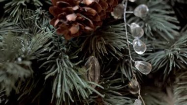 Noel dekorasyon gümüş parlayan tüy kristal garland ve çam koni üzerinde yeşil çam ağacı dalları. Pan ve eğimli, yakın çekim