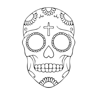 Vektör Kafatası. Kafatası illüstrasyonu. Kafatası Dövmesi. Süs ile Ölü Şeker Kafatası Renkli Günü. Vektör illüstrasyon Ölüler Günü. Ölüler günü. Meksika kafatası. Ölü kafatası Meksika günü. 