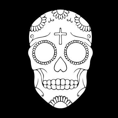Vektör Kafatası. Kafatası illüstrasyonu. Kafatası Dövmesi. Süs ile Ölü Şeker Kafatası Renkli Günü. Vektör illüstrasyon Ölüler Günü. Ölüler günü. Meksika kafatası. Ölü kafatası Meksika günü. 
