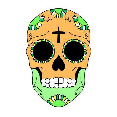 Vektör Kafatası. Kafatası illüstrasyonu. Kafatası Dövmesi. Süs ile Ölü Şeker Kafatası Renkli Günü. Vektör illüstrasyon Ölüler Günü. Ölüler günü. Meksika kafatası. Ölü kafatası Meksika günü. 