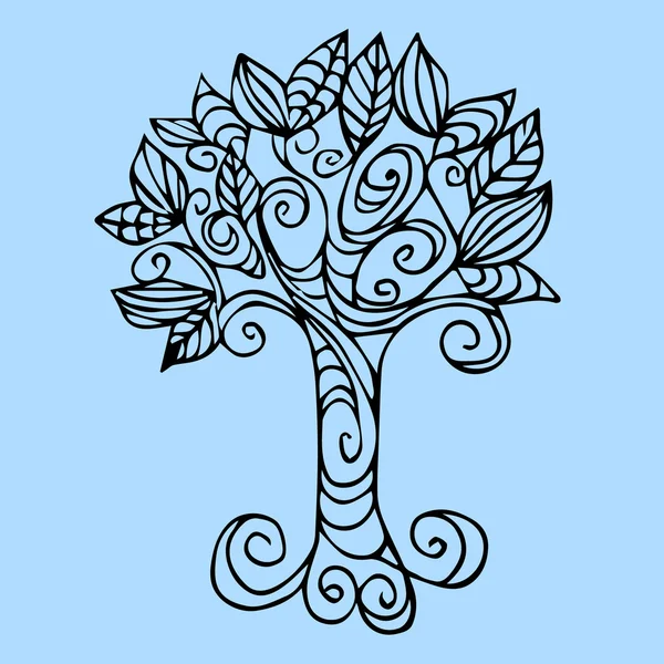 Векторная иллюстрация дерева. Tree style Doodle. Дерево в винтажном стиле на синем фоне. Абстрактный природный фон. Дерево в стилизованном стиле. Красивое уникальное этническое дерево жизни . — стоковый вектор