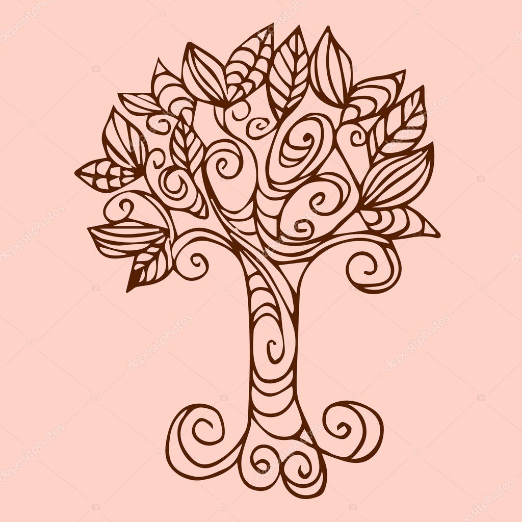 Tree vector illustration. Tree style Doodle. Tree in vintage style on a pink background. Abstract Tree nature background. Tree in a stylized style. Beautiful Unique ethnic tree of life illustration.