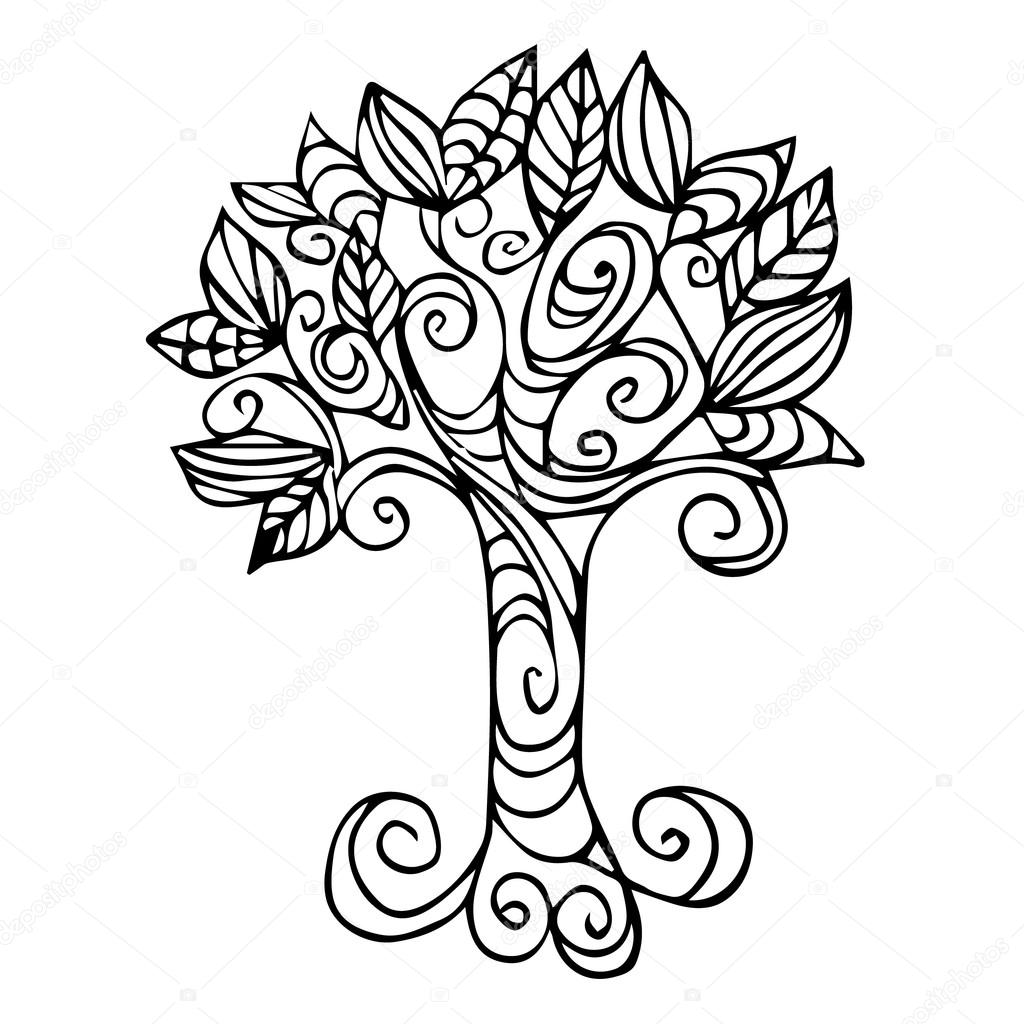 Tree vector illustration. Tree style Doodle. Tree in vintage style on a white background. Abstract Tree nature background. Tree in a stylized style. Beautiful Unique ethnic tree of life illustration.