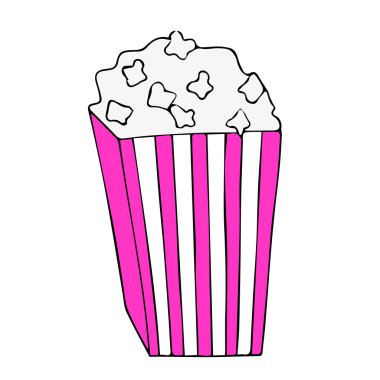 Vektör düz patlamış mısır çizim. Patlamış mısır sinema simgesini düz tasarım stili. Vektör patlamış mısır kutusu izole. Patlamış mısır arka plan üzerinde izole kutusunda. Resimde çizgili Kova patlamış mısır. İzole patlamış mısır