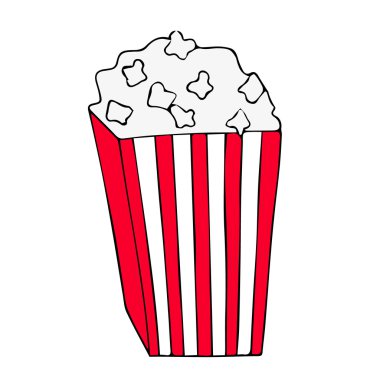 Vektör düz patlamış mısır çizim. Patlamış mısır sinema simgesini düz tasarım stili. Vektör patlamış mısır kutusu izole. Patlamış mısır arka plan üzerinde izole kutusunda. Resimde çizgili Kova patlamış mısır. İzole patlamış mısır