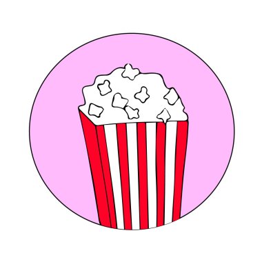 Vektör düz patlamış mısır çizim. Patlamış mısır sinema simgesini düz tasarım stili. Vektör patlamış mısır kutusu izole. Patlamış mısır arka plan üzerinde izole kutusunda. Resimde çizgili Kova patlamış mısır. İzole patlamış mısır