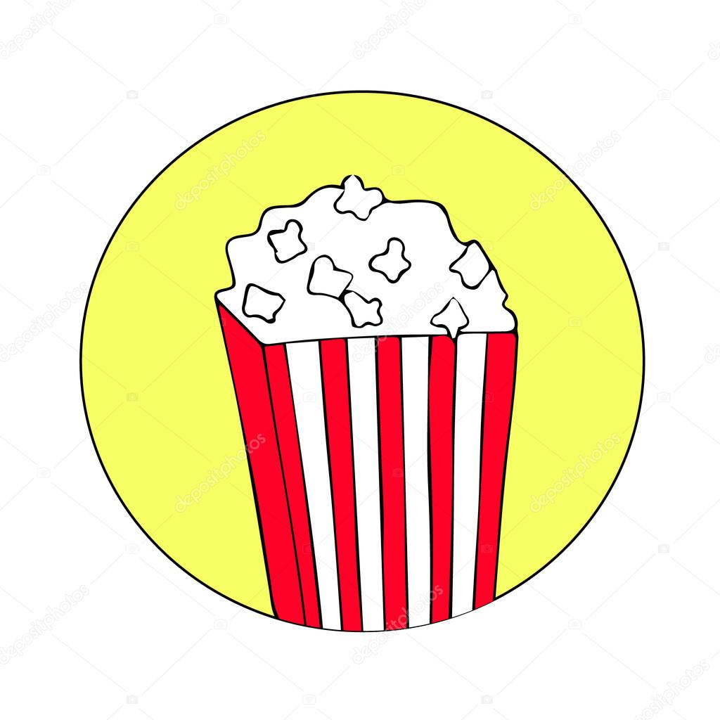 Vector Flat Popcorn Illustration. Popcorn Cinema icon in flat design style. Vector popcorn box isolated. Popcorn in box isolated on background. Illustration Popcorn in striped bucket. Popcorn isolated
