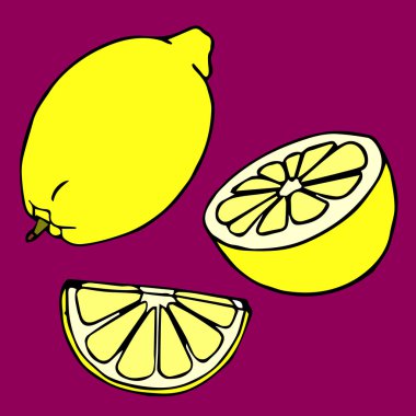 Limon küme. Limon, dört kez. Taze ve doğal limon: bütün, yarım, dilim, arasına bir şey koy. Taze limon ve limon dilim. Vektör çizim limon. Dekoratif süs limon. Vektör soyut limon illüstrasyon. Limon dekorasyon. Limon karikatür. Limon tasarım.