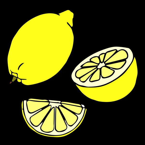 Conjunto de limón. Limones, cuatro vistas. Limones frescos, naturales: enteros, medio, rebanadas, cuña. Limón fresco y rodajas de limón. Ilustración vectorial limón. Limón ornamental decorativo. Ilustración abstracta de limón vectorial. Decoración de limón. Caricatura de limón. Diseño de limón . — Vector de stock