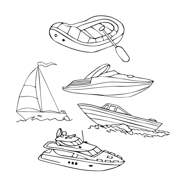船上设置矢量图。孤立的小船集合。可爱的小船船矢量图。手画复古帆船和高速船设置孤立的矢量图。船装饰图标标识。船的设计。船上的抽象。船卡。船上的旗帜 — 图库矢量图片