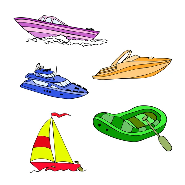 Лодка устанавливает векторные иллюстрации. Коллекция лодок изолирована. Симпатичная векторная иллюстрация корабля. Ручные ретро парусники и скоростные катера устанавливают изолированную векторную иллюстрацию. Логотип логотипа украшения лодки. Дизайн лодки. Лодка абстрактная. Карточка на лодку. Лодочное знамя — стоковый вектор