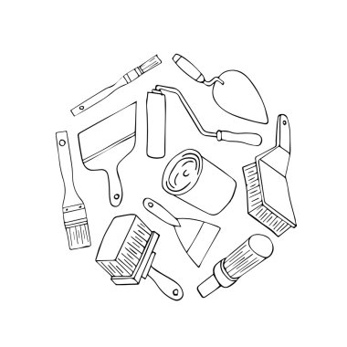 Onarım için ayarlayın. İş, simge onarım organizasyon onarın. Ressam enstrüman düz fırça rulo boya kavanoz boyama için. Fırça rulo boya ve boya. Tasarım öğeleri. Onarım karikatür vektör. Set vektör çizim onarın. Onarım kutsal kişilerin resmi logosu