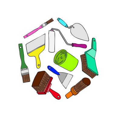 Onarım için ayarlayın. İş, simge onarım organizasyon onarın. Ressam enstrüman düz fırça rulo boya kavanoz boyama için. Fırça rulo boya ve boya. Tasarım öğeleri. Onarım karikatür vektör. Set vektör çizim onarın. Onarım kutsal kişilerin resmi logosu