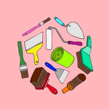 Onarım için ayarlayın. İş, simge onarım organizasyon onarın. Ressam enstrüman düz fırça rulo boya kavanoz boyama için. Fırça rulo boya ve boya. Tasarım öğeleri. Onarım karikatür vektör. Set vektör çizim onarın. Onarım kutsal kişilerin resmi logosu