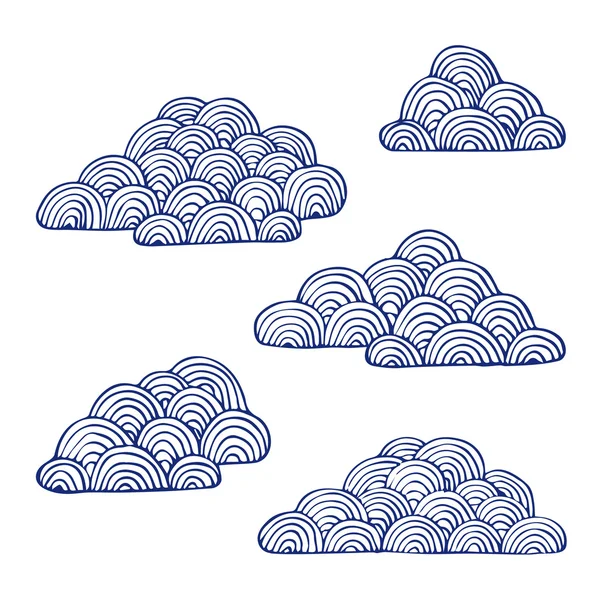 Set awan terisolasi. Logo dekorasi latar awan. Desain latar belakang awan. Latar belakang awan. Awan latar belakang mulus. Gambar corat-coret tangan dengan gelombang abstrak. Latar belakang gelombang vektor. Seni awan. Poster awan. Panji awan. Desain awan. Awan - Stok Vektor
