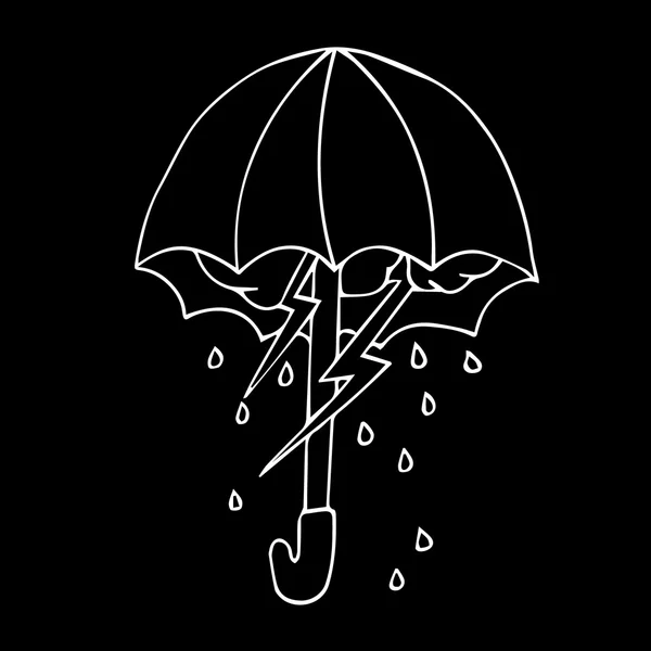 Şemsiye havada. Şemsiye, bulutlar, yağmur damlaları ve yıldırım ile arka plan. Şemsiye vektör çizimde hava. Vektör şemsiye ve gökkuşağı renkleri - soyut hava kavramı yağmurda. — Stok Vektör