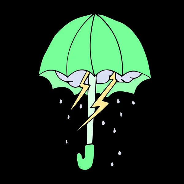 Clima en paraguas. Fondo abstracto con paraguas, nubes, gotas de lluvia y relámpagos. Ilustración vectorial Clima en paraguas. Paraguas vectorial y lluvia en colores arco iris - concepto de clima abstracto . — Archivo Imágenes Vectoriales
