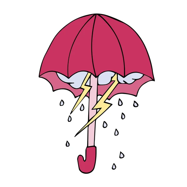 Clima en paraguas. Fondo abstracto con paraguas, nubes, gotas de lluvia y relámpagos. Ilustración vectorial Clima en paraguas. Paraguas vectorial y lluvia en colores arco iris - concepto de clima abstracto . Vectores De Stock Sin Royalties Gratis