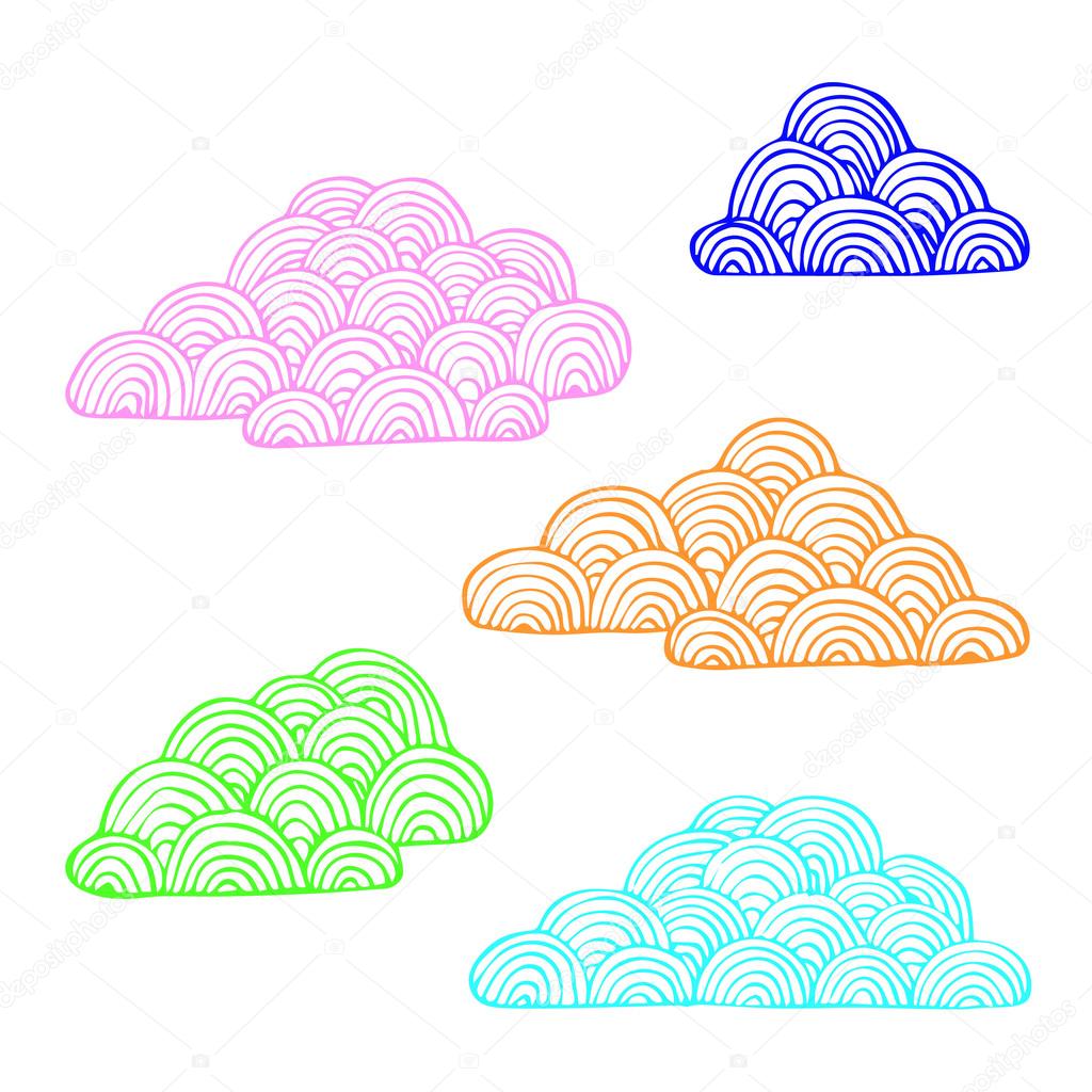 Set of clouds isolated. Cloud background decoration logo. Cloud background design. Cloud background. Clouds seamless background. Hand-drawn doodle with abstract wave. Vector wavy background .Cloud art. Cloud poster. Cloud banner. Cloud design. Cloud 