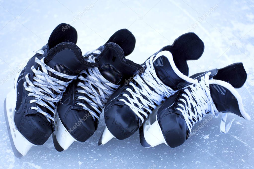 Skates for hockey on the outdoor ice winter.