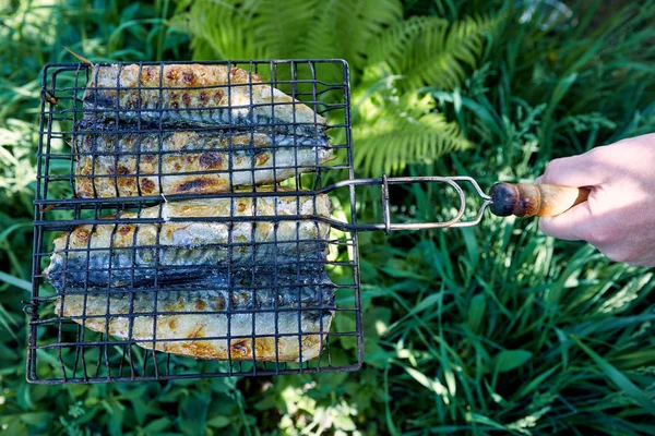 Tillagning av fisk med sås på öppen eld i naturen. — Stockfoto
