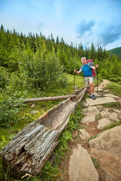 バックパックと夏の山のハイキング. — ストック写真