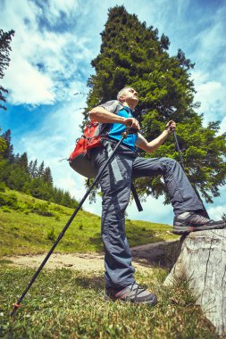 Bir sırt çantası ile yaz aylarında dağlarda hiking.