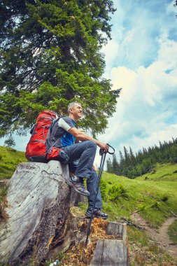 Bir sırt çantası ile yaz aylarında dağlarda hiking.