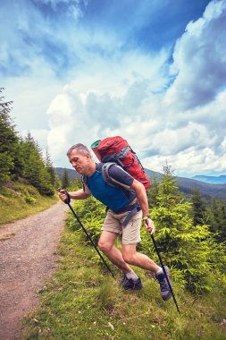 Bir sırt çantası ile yaz aylarında dağlarda hiking.