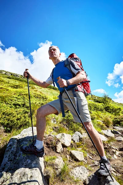 Caminhadas nas montanhas no verão com uma mochila . — Fotografia de Stock