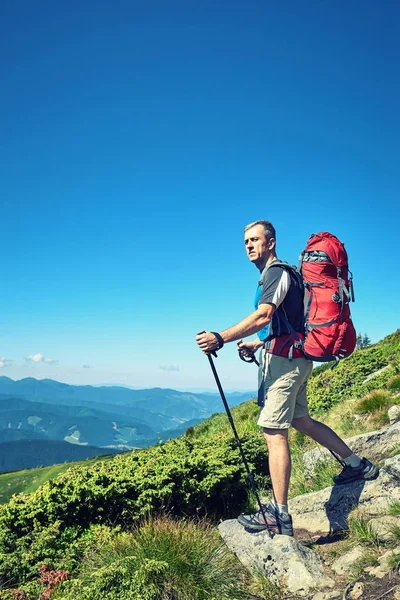 Wandelen in de bergen in de zomer met een rugzak. — Stockfoto