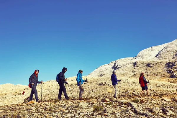 Een groep mensen in de bergen te wandelen in de zomer. — Stockfoto