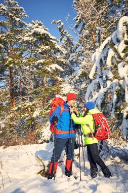 Bir sırt çantası ve çadır kış ormanı boyunca yürümek.