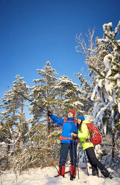 Bir sırt çantası ve çadır kış ormanı boyunca yürümek. — Stok fotoğraf