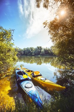 Güneşli bir kayaks Nehri boyunca yaz yürüyüşe.
