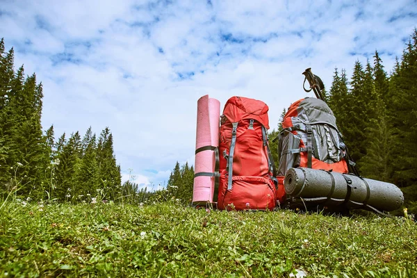 Backpacks in the mountains overlooking the mountains on the gree — Stock Photo, Image