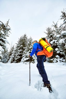 Bir sırt çantası ile dağın tepesine tırmanmaya kış.