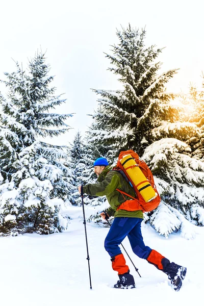 Subida de inverno ao topo da montanha com uma mochila . — Fotografia de Stock