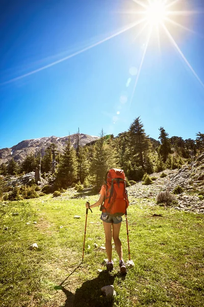 Sommaren vandra i bergen med en ryggsäck och tält längs den — Stockfoto