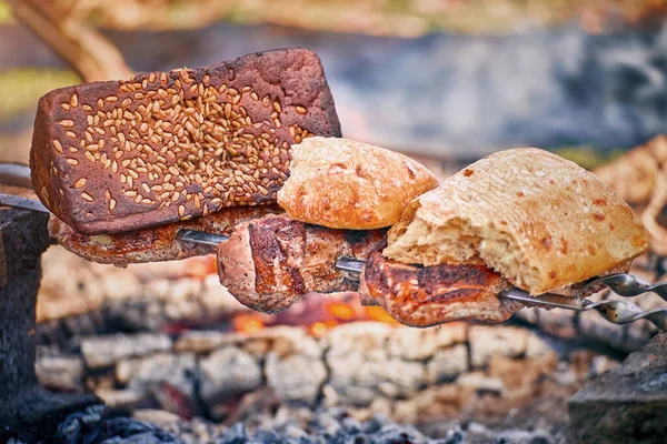 Matlagning Välsmakande Kött Öppen Eld Naturen — Stockfoto