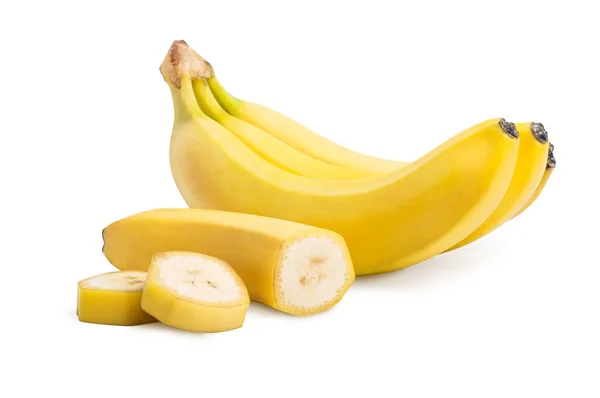 Bando de frutos de banana e bananas cortadas isoladas — Fotografia de Stock