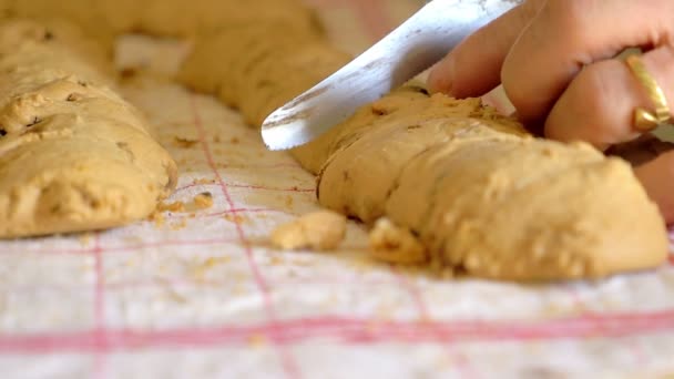 Mani di donna tagliano con cura i tozzetti, tipici biscotti italiani — Video Stock